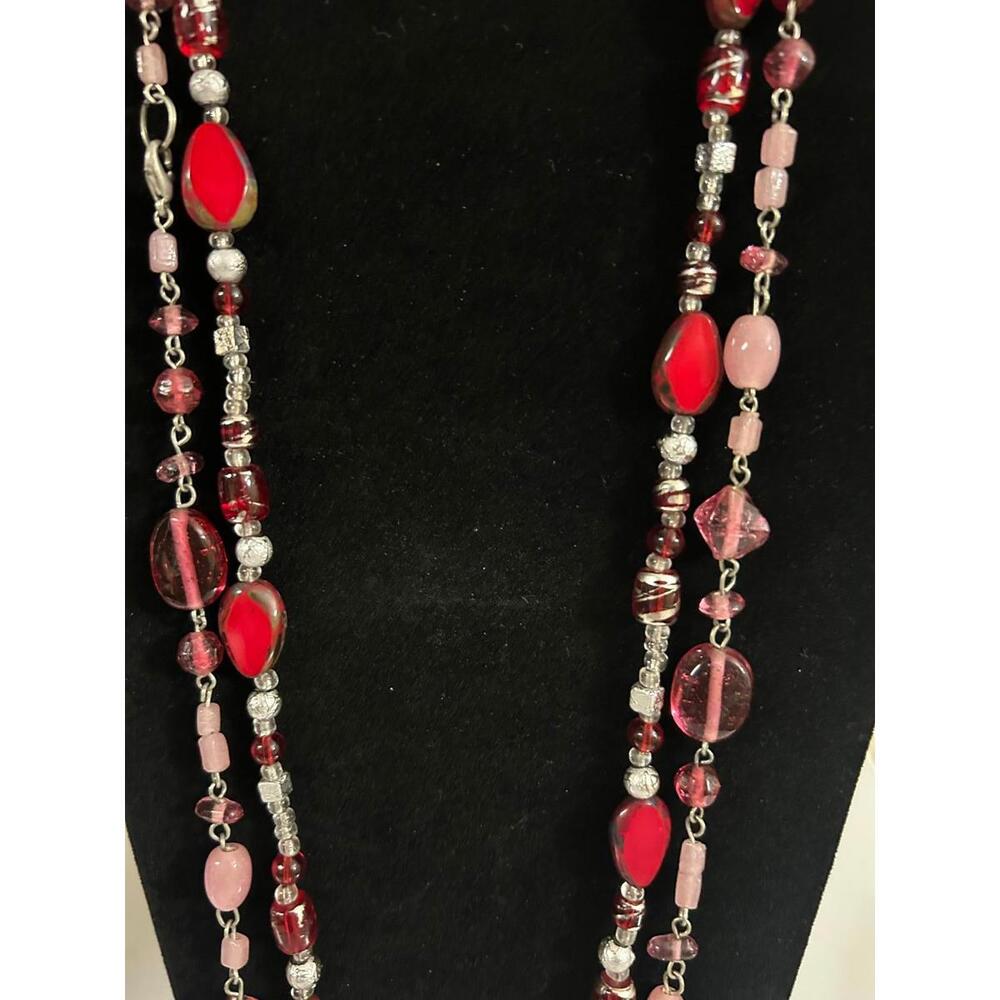 Red & Pink Double Strand Beaded Necklace 32” Costume Jewelry